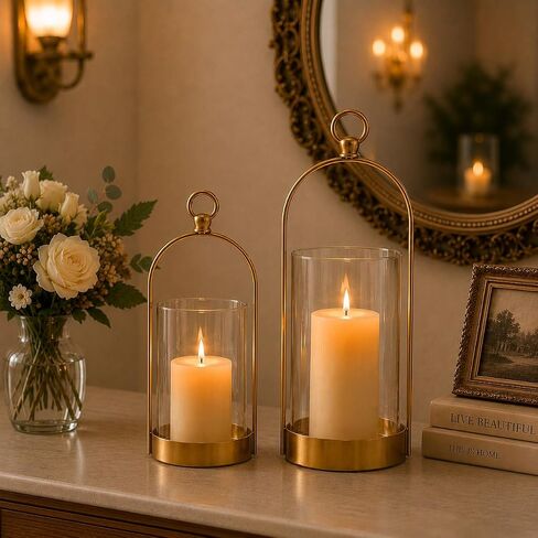 Gold Hurricane Candle Holder, Versatile Metal Candle Holder with Thick Glass Shield for Pillar Candles, Plants, Decorative Candle Lantern for Thanksgiving Christmas Party Table Centerpiece in Saudi Arabia