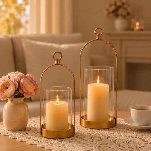 Gold Hurricane Candle Holder, Versatile Metal Candle Holder with Thick Glass Shield for Pillar Candles, Plants, Decorative Candle Lantern for Thanksgiving Christmas Party Table Centerpiece in Saudi Arabia