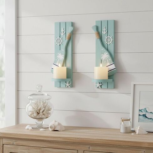 AIM & GGKK Nautical Candle Sconces Set of 2, Teal Wood Wall Mount Holder | Handcrafted teal wood sconces with oar anchor wheel starfish, set of 2, fits beach house decor, ideal housewarming gift in Saudi Arabia
