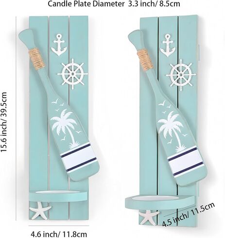 AIM & GGKK Nautical Candle Sconces Set of 2, Teal Wood Wall Mount Holder | Handcrafted teal wood sconces with oar anchor wheel starfish, set of 2, fits beach house decor, ideal housewarming gift in Saudi Arabia