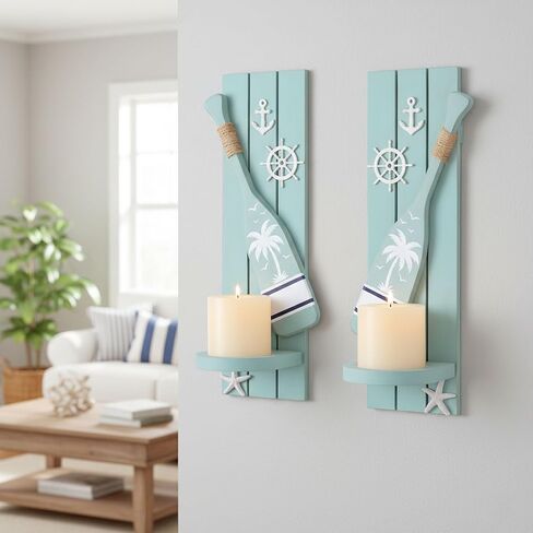AIM & GGKK Nautical Candle Sconces Set of 2, Teal Wood Wall Mount Holder | Handcrafted teal wood sconces with oar anchor wheel starfish, set of 2, fits beach house decor, ideal housewarming gift in Saudi Arabia
