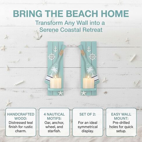 AIM & GGKK Nautical Candle Sconces Set of 2, Teal Wood Wall Mount Holder | Handcrafted teal wood sconces with oar anchor wheel starfish, set of 2, fits beach house decor, ideal housewarming gift in Saudi Arabia