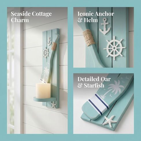 AIM & GGKK Nautical Candle Sconces Set of 2, Teal Wood Wall Mount Holder | Handcrafted teal wood sconces with oar anchor wheel starfish, set of 2, fits beach house decor, ideal housewarming gift in Saudi Arabia