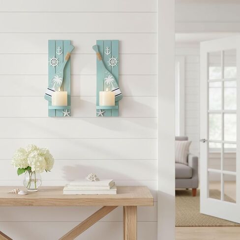 AIM & GGKK Nautical Candle Sconces Set of 2, Teal Wood Wall Mount Holder | Handcrafted teal wood sconces with oar anchor wheel starfish, set of 2, fits beach house decor, ideal housewarming gift in Saudi Arabia