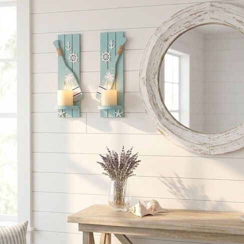 AIM & GGKK Nautical Candle Sconces Set of 2, Teal Wood Wall Mount Holder | Handcrafted teal wood sconces with oar anchor wheel starfish, set of 2, fits beach house decor, ideal housewarming gift in Saudi Arabia