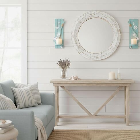AIM & GGKK Nautical Candle Sconces Set of 2, Teal Wood Wall Mount Holder | Handcrafted teal wood sconces with oar anchor wheel starfish, set of 2, fits beach house decor, ideal housewarming gift in Saudi Arabia