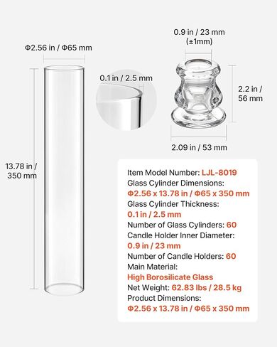 مجموعة حوامل شموع VEVOR Hurricane مكونة من 60 قطعة، Φ2.56 × 13.78 بوصة، حامل شموع اسطوانة زجاجية طويلة القامة، زجاج بوروسيليكات عالي، حماية من الرياح لحفلات الزفاف، قطعة مركزية للطاولة، والحفلات، وديكور المنزل in Kuwait
