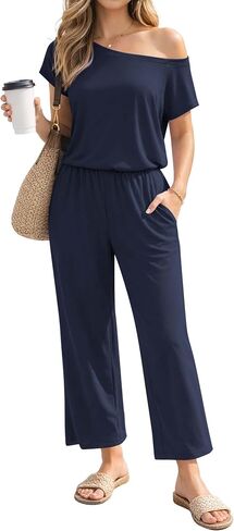 Jumpsuits for Women Off Shoulder One Piece Elastic Waist Wide Leg Pants Travel Airport Casual Outfits Pockets in Saudi Arabia