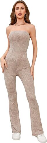 Women's Ribbed Strapless Long Jumpsuit Flare Leg Tube Jumpsuit Pants Romper in Kuwait