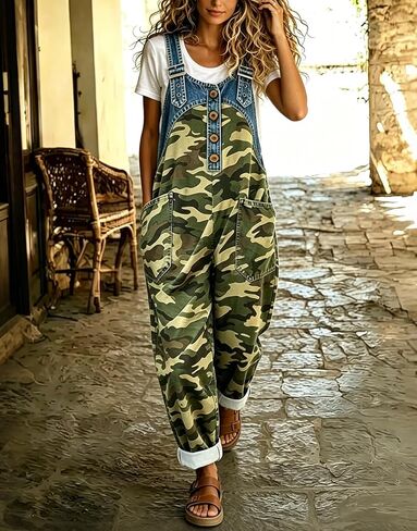 Women's Camo Print Imitation Denim Patchwork Jumpsuit, Loose Wide Leg Bib Overalls with Pockets in Kuwait