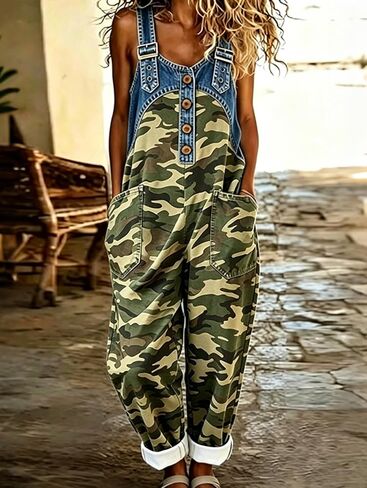 Women's Camo Print Imitation Denim Patchwork Jumpsuit, Loose Wide Leg Bib Overalls with Pockets in Kuwait