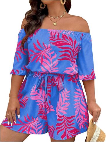 SOLY HUX Women's Plus Size Rompers Boho Off the Shoulder Ruffle Half Sleeve Belted Jumpsuit Summer Vacation Outfits in Saudi Arabia