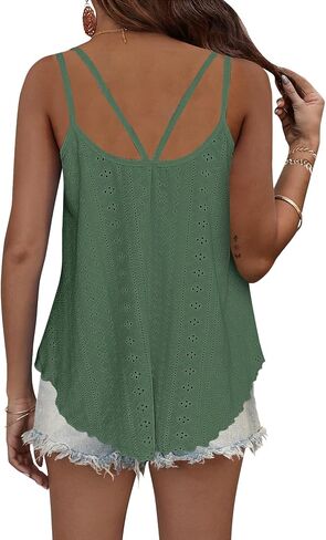 Womens Summer Tank Tops Casual Ladies Sleeveless Scoop Neck Eyelet Embroidery Loose Fit Hollow Camisoles in Kuwait