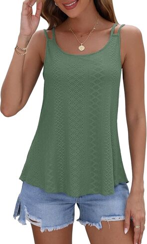 Womens Summer Tank Tops Casual Ladies Sleeveless Scoop Neck Eyelet Embroidery Loose Fit Hollow Camisoles in Kuwait