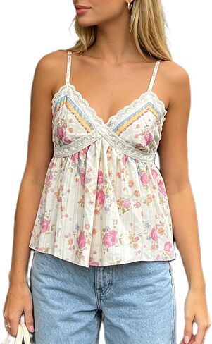Aopwsrlyi Women Floral Babydoll Cami Top Lace Trim V Neck Spaghetti Strap Tie Back Flowy Fairy Going Out Tops in Saudi Arabia