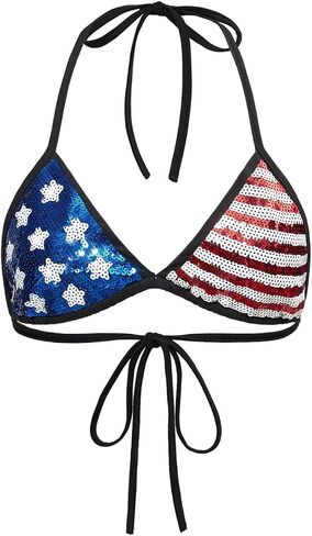 OYOANGLE Women's Glitter Sequin American Flag Crop Halter Top Tie Backless Night Out Party Triangle Tops in Kuwait