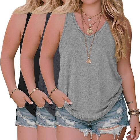 3 Pack Women's Plus Size Tank Tops Racerback Sleeveless Shirts Summer V Neck Tops Loose Fit Casual Athletic Tanks in Saudi Arabia