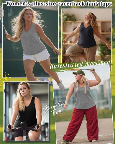 3 Pack Women's Plus Size Tank Tops Racerback Sleeveless Shirts Summer V Neck Tops Loose Fit Casual Athletic Tanks in Saudi Arabia