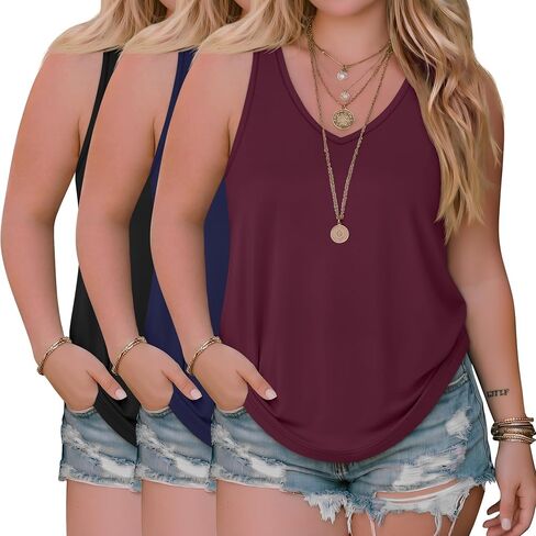 3 Pack Women's Plus Size Tank Tops Racerback Sleeveless Shirts Summer V Neck Tops Loose Fit Casual Athletic Tanks in Saudi Arabia