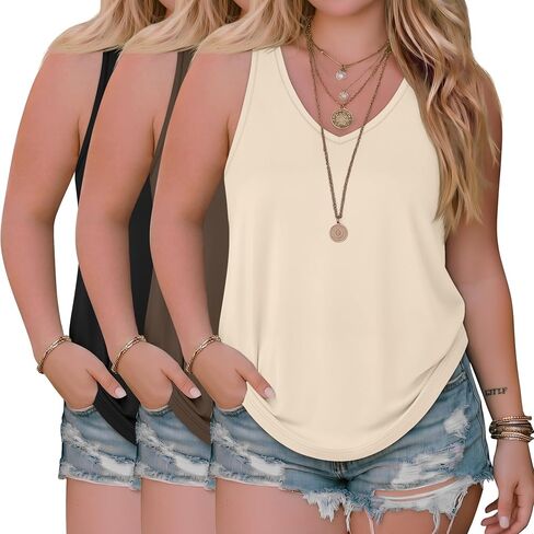 3 Pack Women's Plus Size Tank Tops Racerback Sleeveless Shirts Summer V Neck Tops Loose Fit Casual Athletic Tanks in Saudi Arabia