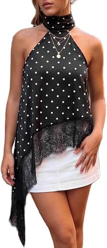 Women Satin Sleeveless Halter Top Y2k Lace Trim Mock Neck Asymmetrical Tank Top Elegant Going Out Tops in Saudi Arabia