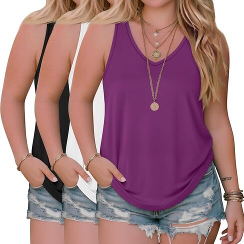 3 Pack Women's Plus Size Tank Tops Racerback Sleeveless Shirts Summer V Neck Tops Loose Fit Casual Athletic Tanks in Saudi Arabia
