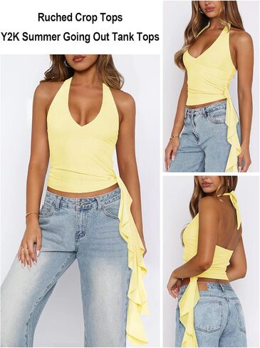 Womens Going Out Tops for Women Open Back Tie Halter Top Mesh Deep V Neck Tank Tops Club Vacation Outfits in Saudi Arabia