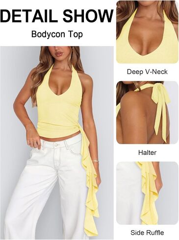 Womens Going Out Tops for Women Open Back Tie Halter Top Mesh Deep V Neck Tank Tops Club Vacation Outfits in Saudi Arabia