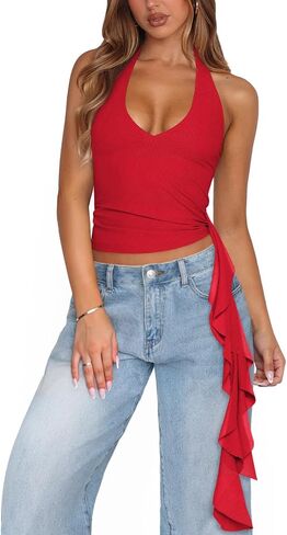 Womens Going Out Tops for Women Open Back Tie Halter Top Mesh Deep V Neck Tank Tops Club Vacation Outfits in Saudi Arabia