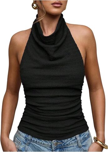 Verdusa Women's Textured Ruched Halter Tops Backless Fitted Going Out Tops Rave Outfits in Kuwait