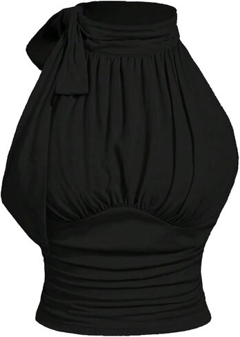 OYOANGLE Women's Plus Size Bow Tie Mock Neck Ruched Crop Tank Tops Slim Fit Party Going Out Top in Kuwait