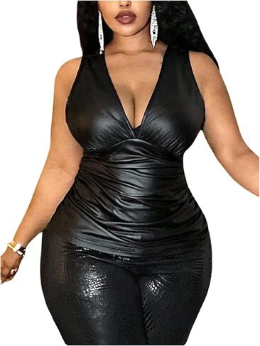 Milumia Women's Plus Size PU Leather V Neck Tank Top Ruched Sleeveless Party Club Tops in Kuwait