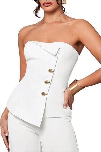 MakeMeChic Women's Strapless Tube Blazer Metal Button Backless Work Tank Tops in Kuwait