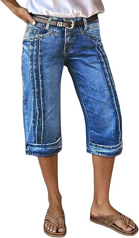 Flamingals Straight Leg Capri Jeans for Women Mid Waist Wash Stitch Detail Wide Leg Capris in Saudi Arabia