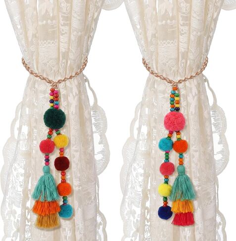 2 Pcs Pompoms Boho Curtain Tiebacks 15.75 Inch Colorful Curtain Ties with Tassels Boho Beaded Decoration for Home Living Room Kitchen Bedroom Office in Saudi Arabia
