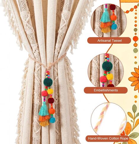 2 Pcs Pompoms Boho Curtain Tiebacks 15.75 Inch Colorful Curtain Ties with Tassels Boho Beaded Decoration for Home Living Room Kitchen Bedroom Office in Saudi Arabia