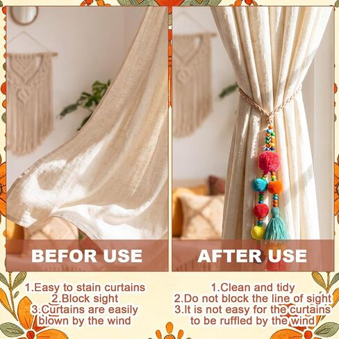 2 Pcs Pompoms Boho Curtain Tiebacks 15.75 Inch Colorful Curtain Ties with Tassels Boho Beaded Decoration for Home Living Room Kitchen Bedroom Office in Saudi Arabia