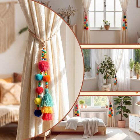 2 Pcs Pompoms Boho Curtain Tiebacks 15.75 Inch Colorful Curtain Ties with Tassels Boho Beaded Decoration for Home Living Room Kitchen Bedroom Office in Saudi Arabia