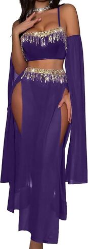 FEOYA Women's Sexy Exotic Belly Dancer Costume Mesh Slit Skirt Thong Long Sleeve Tassel Crop Top Roleplay Lingerie Set in Saudi Arabia