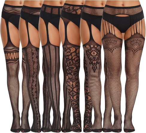 6 Pair Fishnet Thigh High Garter Belt Stockings Patterned Tights Suspender Pantyhose for Women in Saudi Arabia