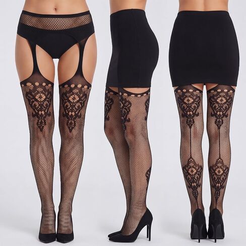 6 Pair Fishnet Thigh High Garter Belt Stockings Patterned Tights Suspender Pantyhose for Women in Saudi Arabia