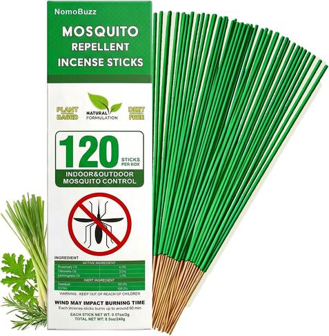 NomoBuzz Mosquito Repellent Incense Sticks 120 Count - DEET-Free Plant-Based with Citronella & Rosemary, 60 Mins Long-Lasting Protection for Patio, Backyard, Camping, Picnic in Kuwait