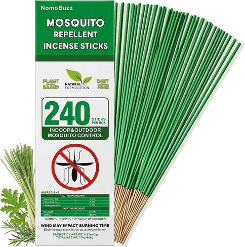 NomoBuzz Mosquito Repellent Incense Sticks 120 Count - DEET-Free Plant-Based with Citronella & Rosemary, 60 Mins Long-Lasting Protection for Patio, Backyard, Camping, Picnic in Kuwait