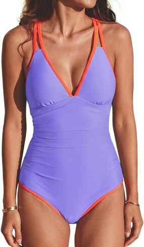 CUPSHE Women's One Piece Swimsuit Deep V Neck Bathing Suit Color Block Self Tie Adjustable Straps Swimwear Ruching in Saudi Arabia