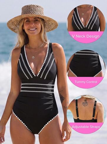 popvil One Piece Swimsuit 2026 Tummy Control Bathing Suit Neon Sexy V Neck Black Swimwear in Saudi Arabia
