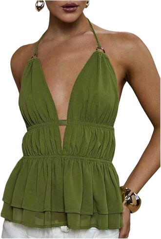 Floerns Women's Summer Sleeveless Halter Top Ring Link Smocked Ruffle Hem Going Out Cami Tops in Saudi Arabia