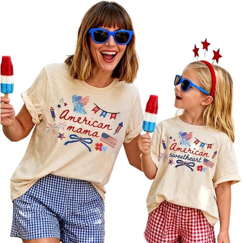 American Mama and Sweetheart Matching 4th of July Shirts Patriotic Mommy and Me Outfit Cute Coquette Americana Tee in Kuwait