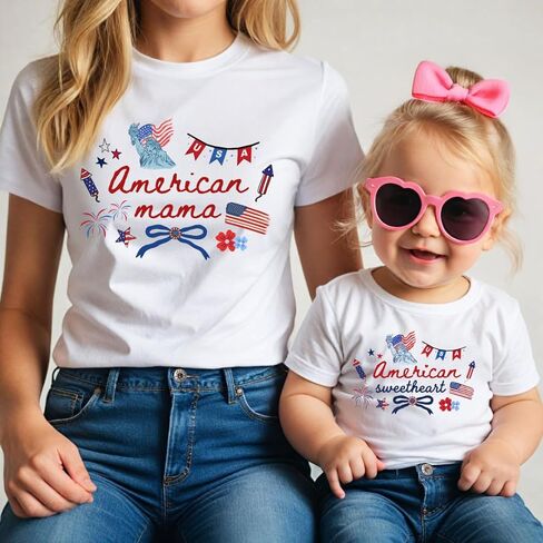 American Mama and Sweetheart Matching 4th of July Shirts Patriotic Mommy and Me Outfit Cute Coquette Americana Tee in Kuwait