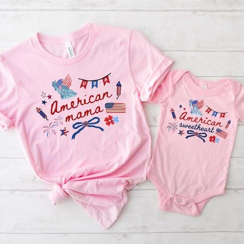 American Mama and Sweetheart Matching 4th of July Shirts Patriotic Mommy and Me Outfit Cute Coquette Americana Tee in Kuwait