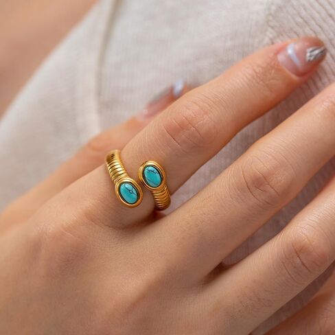 Turquoise Ring for Men, 18K Gold Plated Stainless Steel Adjustable Ring for Boho Jewelry, Vintage Western Rings for Women in Saudi Arabia